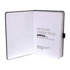 Open notebook with a black cover and a pen holder. The page reads: My story begins from Apple... but I came back to take your notes! along with a note on materials: The best part of me is made of fruit leather and 100% recycled paper.