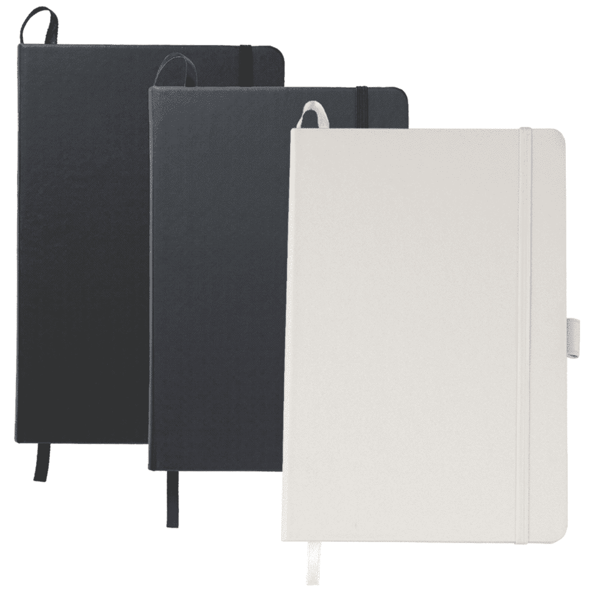 Three closed notebooks in different colors—black, dark gray, and white—stand side by side. Each has a ribbon bookmark and an elastic band to keep the cover closed. The notebooks are plain and have a hard cover.