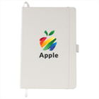 White notebook with an elastic band, featuring a multicolored apple logo and the word Apple below. A small pen loop is attached to the right side, and a built-in ribbon bookmark is visible at the bottom.
