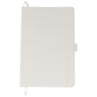 A closed, beige notebook with an elastic closure band and a pen loop on the side. A ribbon bookmark peeks out from the bottom, and there is a loop at the top corner, possibly for hanging or attaching items.