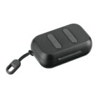 A rectangular black case with two indented buttons on the top, each featuring a small logo. It has a loop on one side for attaching or carrying.