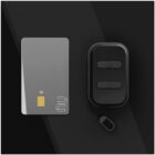A sleek, modern digital card with a Wi-Fi symbol and gold chip next to a small black remote with two buttons and a loop for attachment, set against a dark background.