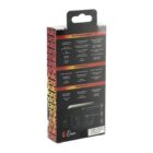 Angled view of a retail box for Skullcandy Dime earbuds. The packaging lists features like true wireless technology, supreme sound quality, and fearless use. The background is black with a Skullcandy logo pattern in orange and red.