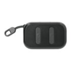 A compact black rectangular wireless earbud case with a lanyard loop on the left side. The case lid features two vertical grooves, each with a small skull icon in the center.