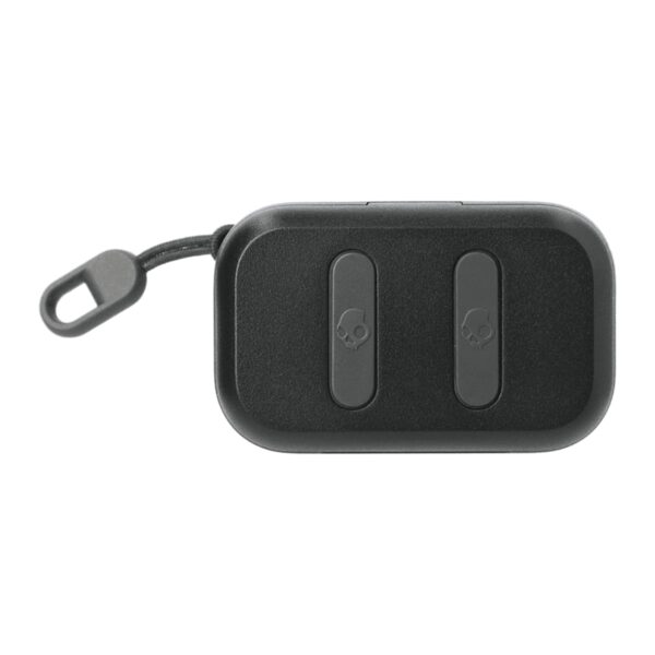 A black, rectangular wireless earbud charging case with a carabiner clip attached. The case features two raised, oval-shaped buttons with small skull logos on each. The design is minimalist and compact.