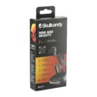 Skullcandy Dime earphones packaging with a mix of black and orange design. The box features an image of the earbuds and charging case, with highlights on battery life, music control, and Bluetooth capability.