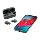 Smartphone displaying music playback screen next to wireless earbuds and an open charging case on a white background.