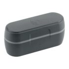 A dark gray, rectangular carrying case with rounded edges featuring a subtle embossed logo on the top. The case has a small indentation on one side, possibly for opening.