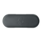 A rectangular black wireless earbud case with rounded edges. The case features a raised skull logo design on the top surface.