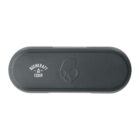 Dark green oval tin box with an embossed skull design on the lid. The words Bushkraft Equip. are printed in white near the left edge. The tin has a simple, rugged appearance.
