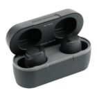 A pair of black wireless earbuds are placed inside an open charging case. The case is also black, with the words JIB TRUE and MODEL: S2JTW visible inside the lid.