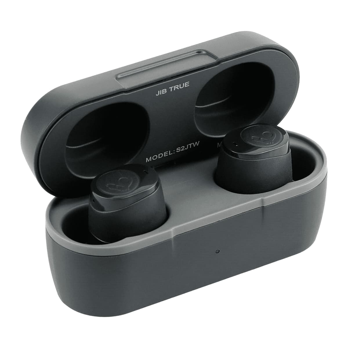 A pair of black wireless earbuds are placed inside an open charging case. The case is also black, with the words JIB TRUE and MODEL: S2JTW visible inside the lid.