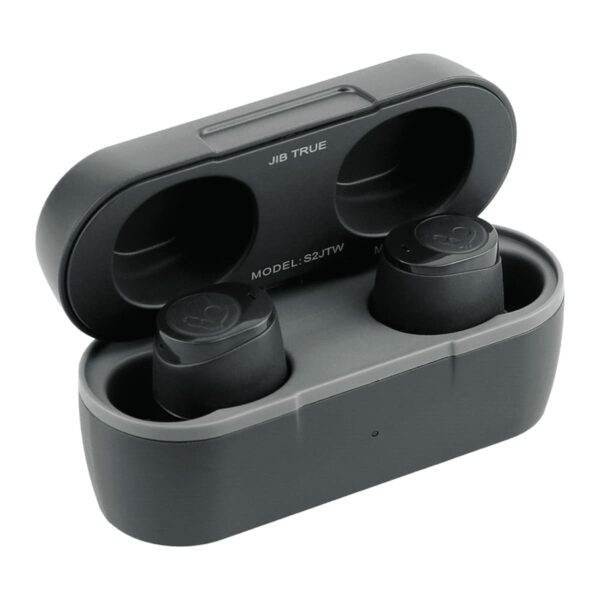 Black wireless earbuds placed in an open charging case. The inside of the case lid is labeled JIB TRUE and MODEL: S2JTW. The earbuds have a simple, sleek design with a logo on each.