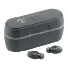 Black wireless earbuds with a matching charging case placed beside them. The case has a skull logo on its top surface. The earbuds have a similar skull logo on their exterior. The design is sleek and modern.