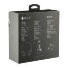 The image shows the back of a black headphone box displaying product information in multiple languages. It includes images of two styles of headphones and features symbols for Bluetooth connectivity and rapid charging.