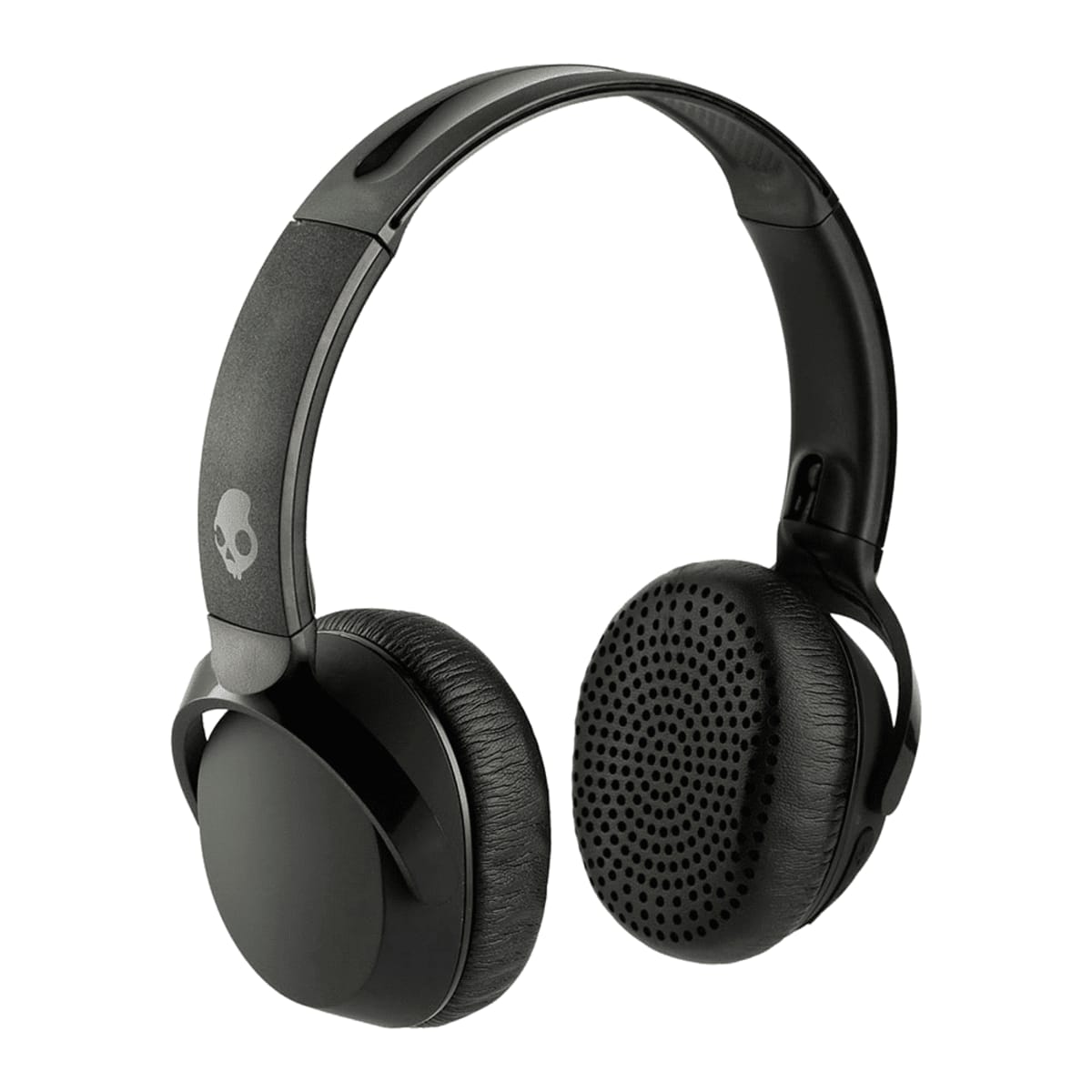 Black over-ear headphones with a skull logo on the headband. The ear cups have a perforated design, and the headband has a padded section for comfort. The headphones have a sleek and modern design.