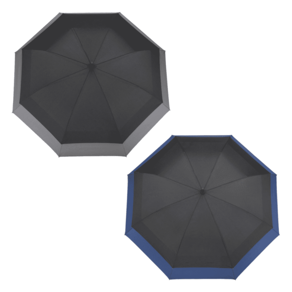 Two black umbrellas open side by side; the one on the left has a grey border, and the one on the right has a blue border. Both are seen from a top-down view.
