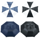 Four umbrellas are arranged in a grid. The top two have alternating blue-and-white and black-and-white panels. The bottom two are solid blue and solid black. Each umbrella is open, showing its canopy from a top-down perspective.