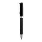 A sleek black pen with a textured grip and silver accents, including a clip and tip. The pen is standing vertically against a white background.