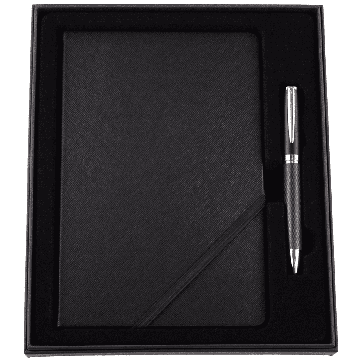 A black notebook and a black and silver pen are elegantly presented in a black gift box with compartments.