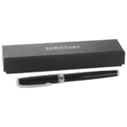 Black fountain pen with silver accents beside a black Scriptura branded box.