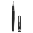Black and silver pen with its cap placed beside it on a white background.