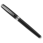 A black fountain pen with silver accents on a white background.