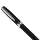 Black fountain pen with a silver clip and band, shown at a diagonal angle on a white background.