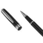 Black pen with silver accents shown with the cap removed and placed beside it.