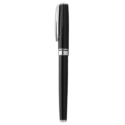 A black fountain pen with silver accents, shown upright on a white background.