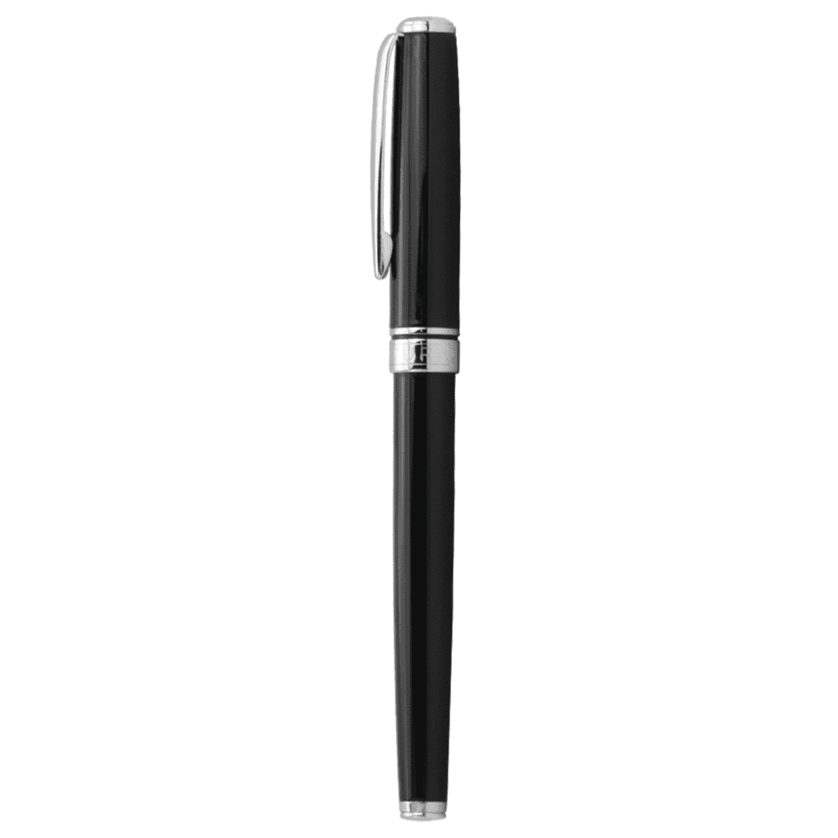 A black fountain pen with silver accents, shown upright on a white background.