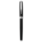 A black fountain pen with silver accents, capped and upright on a white background.