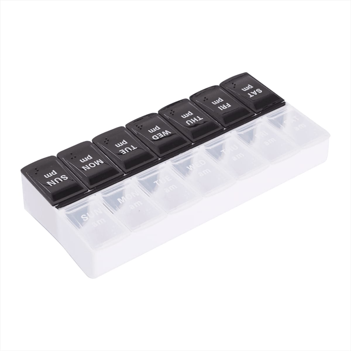 A white weekly pill organizer with black lids labeled with the days of the week, starting from SUN to SAT, and pm marked on each compartment. The organizer is seen from an angle, showing the closed lids.