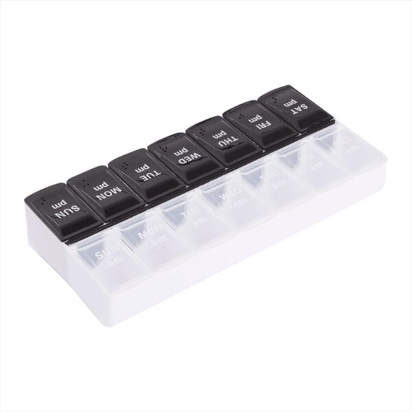 A weekly pill organizer with seven compartments labeled with days of the week and AM and PM on each lid, arranged in two rows. The lids are black, and the base is white.