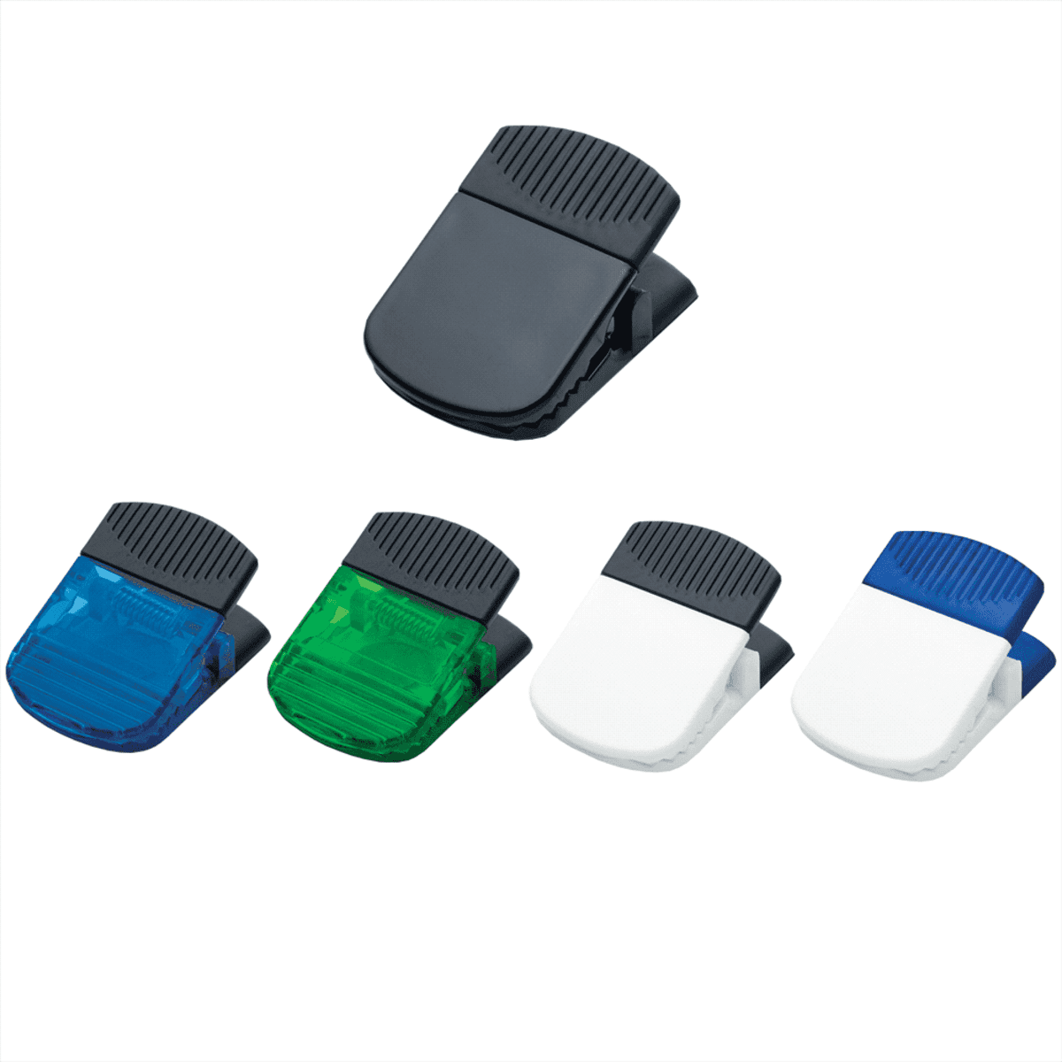 Five magnetic clips are arranged in two rows. The top row has a large black clip, and the bottom row has four clips in blue, green, white, and white with a blue grip, all with translucent or solid designs.