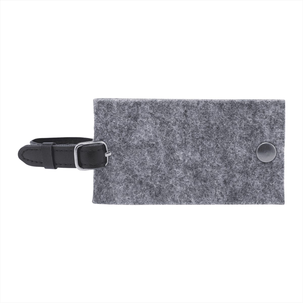 A rectangular gray felt luggage tag with a black leather strap and a metal buckle. The tag features a small round metal button on the front.