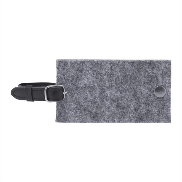 Gray felt luggage tag with a small black leather strap and silver buckle. The front features a round black snap button on the right side. The background is plain white.