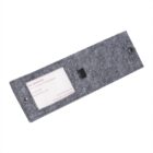 A gray felt business card holder with metal snaps is open, displaying a business card partially visible through a clear plastic window.