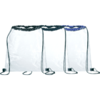 Three clear drawstring bags are lined up side by side. Each bag has a different colored top: black, green, and blue. The bags have black cords and plastic closures at the bottom corners.