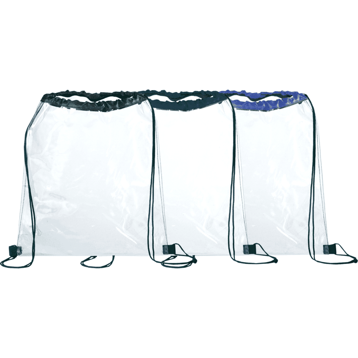 Three clear drawstring bags are lined up side by side. Each bag has a different colored top: black, green, and blue. The bags have black cords and plastic closures at the bottom corners.