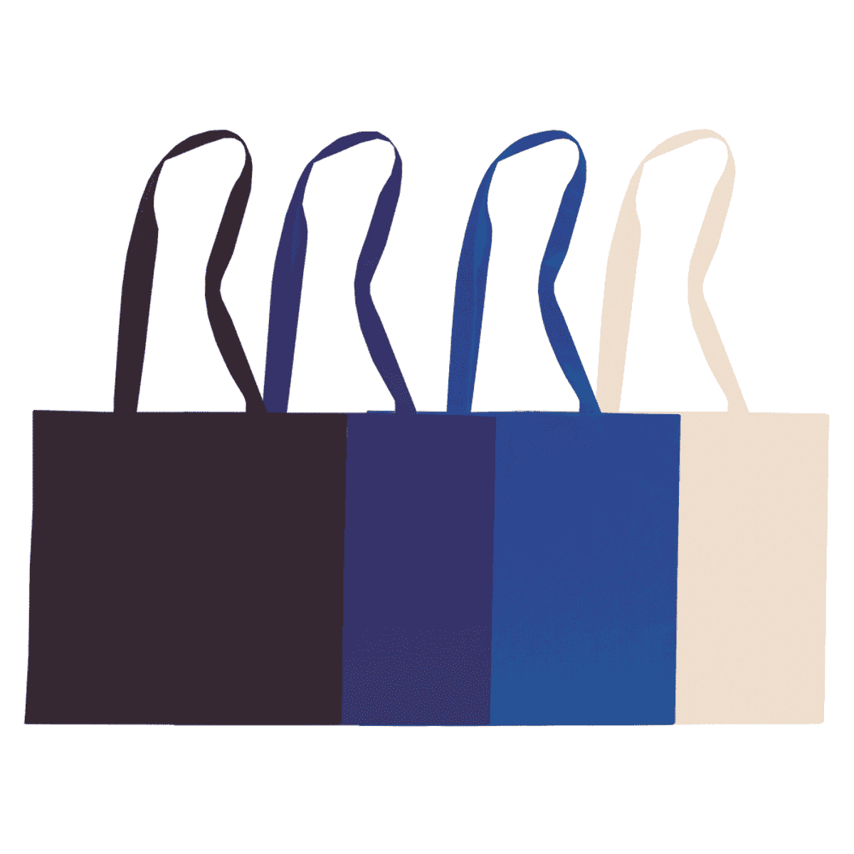 Four tote bags with long handles, lined up side by side, in black, dark blue, blue, and beige against a white background.