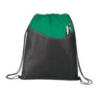 A drawstring backpack with a green upper section and a black lower section. It features a front pocket holding pens. The bag has black straps for carrying.
