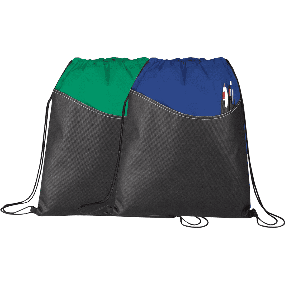 Two drawstring backpacks with front pockets are shown. One backpack is green and black, and the other is blue and black. The blue backpacks pocket holds three pens visible at the top. Both bags have black drawstrings.