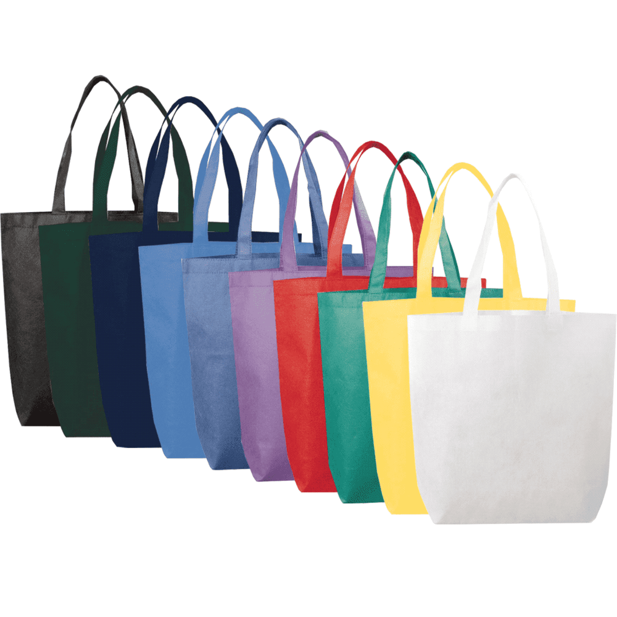 A collection of ten tote bags in different colors, including black, dark green, navy blue, royal blue, light blue, purple, red, teal, yellow, and white, arranged in a single row. Each bag features two handles.