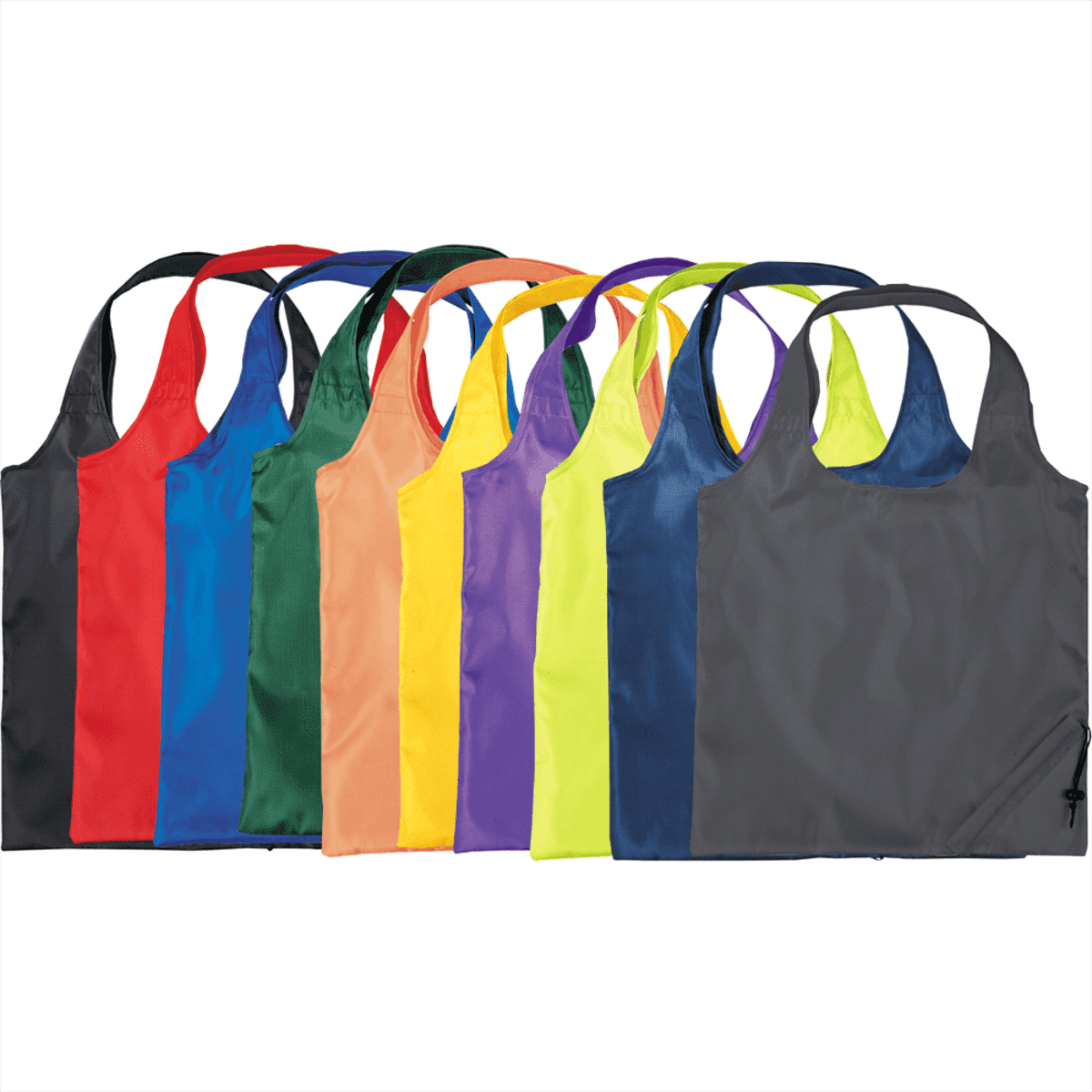 A row of colorful reusable tote bags with handles, featuring various shades including red, blue, green, orange, purple, yellow, and gray. The bags are neatly aligned against a plain white background.