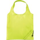 A bright yellow-green reusable shopping bag with a single strap. Its folded neatly at the bottom corner with a small string loop attached. The bag has a smooth, shiny texture.