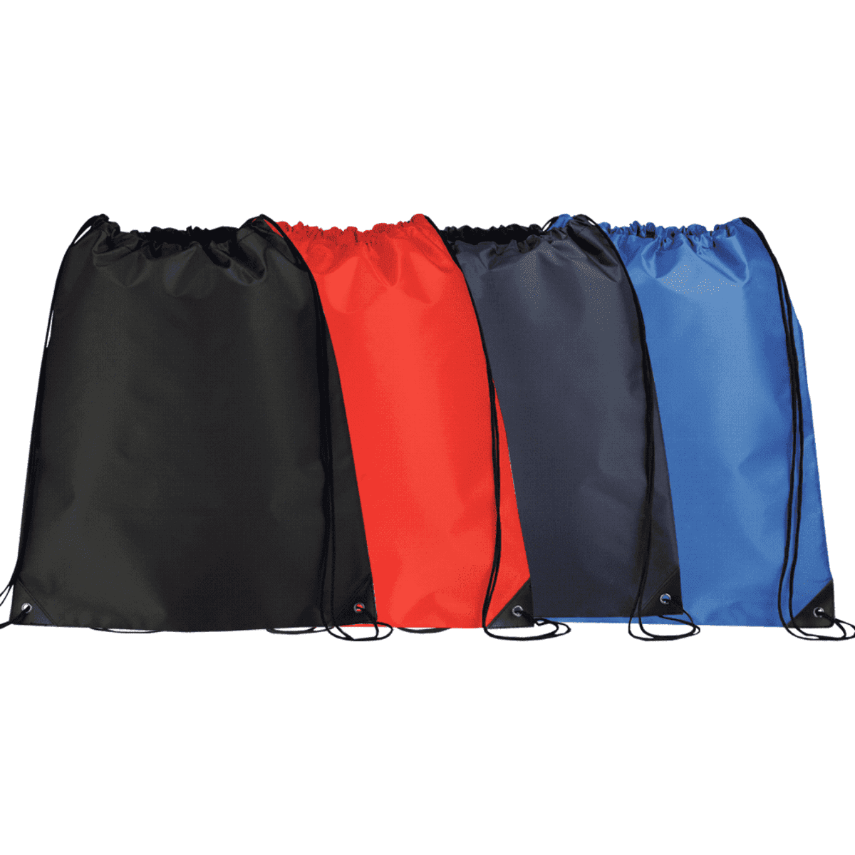 Four drawstring bags in black, red, dark gray, and blue are lined up side by side. Each bag features a simple design with a drawstring closure at the top and small eyelets at the bottom corners.