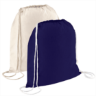 Two drawstring bags are displayed. The one in front is navy blue, and the one behind it is beige. Both bags have white drawstrings for closure and carrying. They are simple and unadorned, resting against a plain white background.