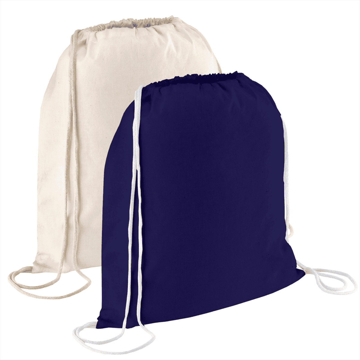 Two drawstring bags are displayed. The one in front is navy blue, and the one behind it is beige. Both bags have white drawstrings for closure and carrying. They are simple and unadorned, resting against a plain white background.