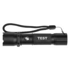 Black flashlight with a wrist strap, labeled TEST on the handle, on a white background.